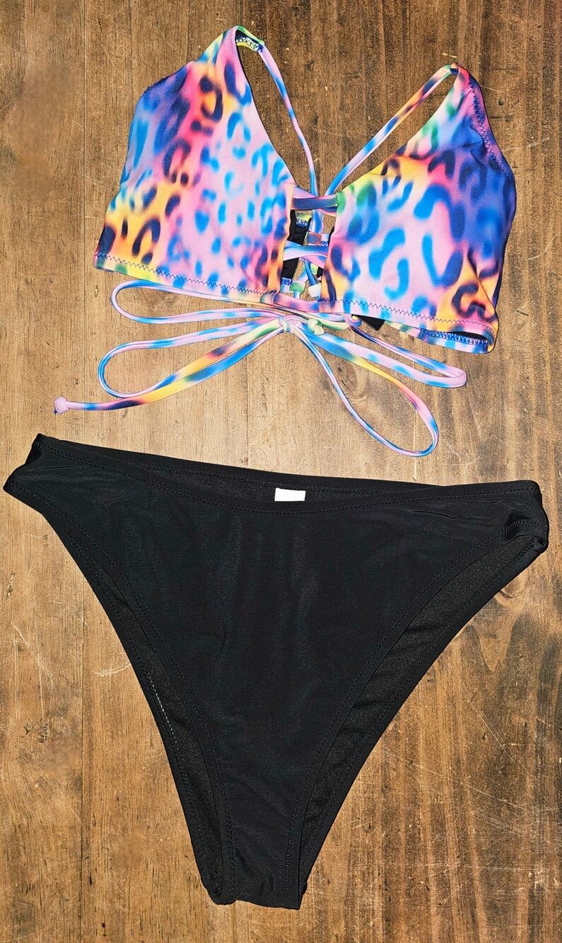 Relleciga Neon Leopard Top with Ocean Blues Cheeky Bottoms
